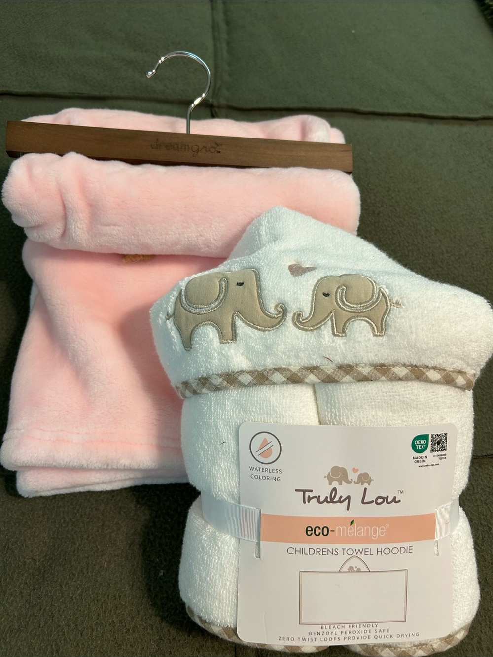 TRULY Pink Plush Baby Blanket with Ivory/Tan Hooded Towel Set